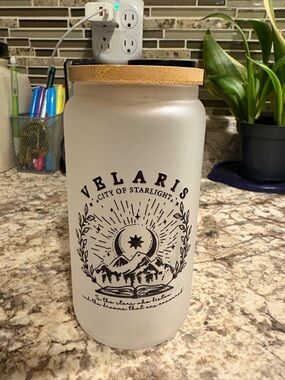 Frosted Glass Jar with Bamboo Lid and Black Mountain Design Acotar